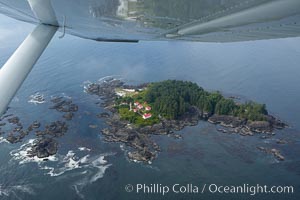 Lennard Island Lighthouse, aerial photo, surrounded by the waters of Clayoquot Sound near Tofino on the west coast of Vancouver Island, British Columbia, Canada