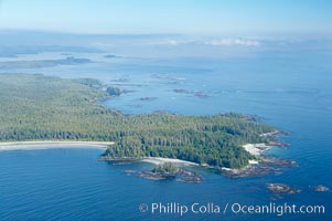 Ahouse Bay and Vargas Island, aerial photo, Clayoquot Sound in the foreground, near Tofino on the west coast of Vancouver Island