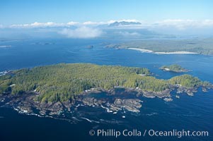 Blunden Island (foreground) and Vargas Island (distance), surrounded by the waters of Clayoquot Sound, west coast of Vancouver Island, Tofino, British Columbia, Canada