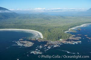 Cow Bay (left) and Flores Island, aerial photo, part of Clayoquot Sound, near Tofino on the west coast of Vancouver Island