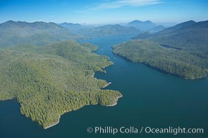 Obstruction Island (left) and Flores Island (right), Shelter Inlet section of Clayoquot Sound, aerial photo, near Tofino on the west coast of Vancouver Island