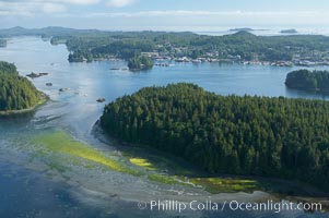 Lemmens Inlet viewed from Meares Island, with Tofino in the distance, aerial photo, on the west coast of Vancouver Island