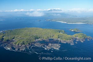 Blunden Island (foreground) and Vargas Island (distance), surrounded by the waters of Clayoquot Sound, west coast of Vancouver Island, Tofino, British Columbia, Canada