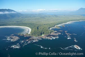 Cow Bay (left) and Flores Island, aerial photo, part of Clayoquot Sound, near Tofino on the west coast of Vancouver Island