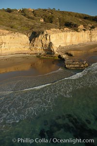 Torrey Pines seacliffs, rising up to 300 feet above the ocean, stretch from Del Mar to La Jolla.  On the mesa atop the bluffs are found Torrey pine trees, one of the rare species of pines in the world, Torrey Pines State Reserve, San Diego, California