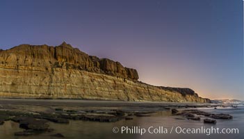 Torrey Pines Cliffs lit at night by a full moon, low tide reflections. Torrey Pines State Reserve, San Diego, California, USA, natural history stock photograph, photo id 28457