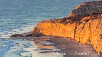 Torrey Pines sea cliffs at sunset, Flat Rock at low tide, looking north, Blacks Beach, La Jolla, California