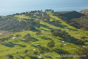 Torrey Pines Golf Course, the North course, with the Pacific Ocean in the distance, La Jolla, California