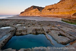 Sandstone cliffs of Torrey Pines State Reserve rise above a tidepool.  San Diego