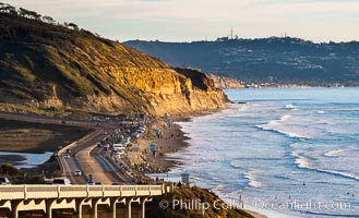 Torrey Pines State Beach at Sunset, La Jolla, Mount Soledad and Blacks Beach in the distance, Torrey Pines State Reserve, San Diego, California