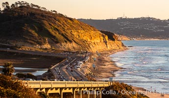 Torrey Pines State Beach at Sunset, La Jolla, Mount Soledad and Blacks Beach in the distance, Torrey Pines State Reserve, San Diego, California