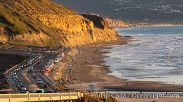 Torrey Pines State Beach at Sunset, La Jolla, Mount Soledad and Blacks Beach in the distance, Torrey Pines State Reserve, San Diego, California