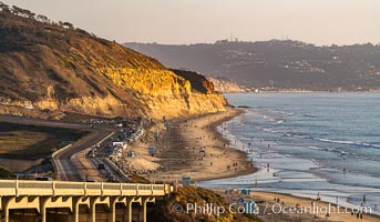 Torrey Pines State Beach at Sunset, La Jolla, Mount Soledad and Blacks Beach in the distance, Torrey Pines State Reserve, San Diego, California