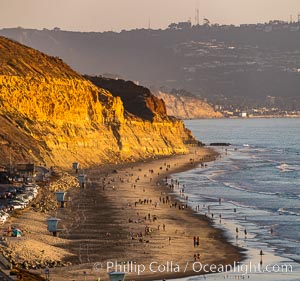 Torrey Pines State Beach at Sunset, La Jolla, Mount Soledad and Blacks Beach in the distance. Torrey Pines State Reserve, San Diego, California, USA, natural history stock photograph, photo id 35847