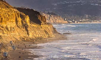 Torrey Pines State Beach at Sunset, La Jolla, Mount Soledad and Blacks Beach in the distance. Torrey Pines State Reserve, San Diego, California, USA, natural history stock photograph, photo id 36741