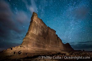 Stars over the Tower of Babel, starry night, Arches National Park, Utah