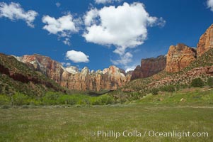 Towers of the Virgin.  From left are the West Temple, the Sundial, the Temple of the Virgin and the Altar of Sacrifice.Spring, Zion National Park, Utah