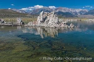 Tufa towers rise from Mono Lake with the Eastern Sierra visible in the distance.  Tufa towers are formed when underwater springs rich in calcium mix with lakewater rich in carbonates, forming calcium carbonate (limestone) structures below the surface of the lake.  The towers were eventually revealed when the water level in the lake was lowered starting in 1941.  South tufa grove, Navy Beach