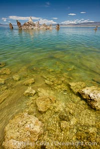 Tufa towers rise from Mono Lake. Tufa towers are formed when underwater springs rich in calcium mix with lakewater rich in carbonates, forming calcium carbonate (limestone) structures below the surface of the lake. The towers were eventually revealed when the water level in the lake was lowered starting in 1941. South tufa grove, Navy Beach