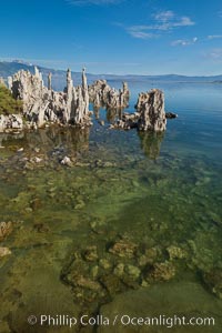 Tufa towers rise from Mono Lake, with the Eastern Sierra visible in the distance. Tufa towers are formed when underwater springs rich in calcium mix with lakewater rich in carbonates, forming calcium carbonate (limestone) structures below the surface of the lake. The towers were eventually revealed when the water level in the lake was lowered starting in 1941