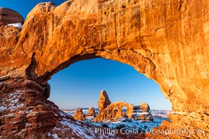 Turret Arch through North Window, winter, sunrise, Arches National Park, Utah