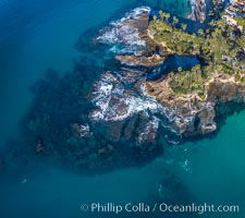 Twin Points and Shaws Cove Reef visible in aerial photo, showing underwater terrain of the famous scuba diving location, Laguna Beach, California