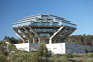 The UCSD Library (Geisel Library, UCSD Central Library) at the University of California, San Diego.  UCSD Library.  La Jolla, California.  On December 1, 1995 The University Library Building was renamed Geisel Library in honor of Audrey and Theodor Geisel (Dr. Seuss) for the generous contributions they have made to the library and their devotion to improving literacy.  In The Tower, Floors 4 through 8 house much of the Librarys collection and study space, while Floors 1 and 2 house service desks and staff work areas.  The library, designed in the late 1960s by William Pereira, is an eight story, concrete structure sited at the head of a canyon near the center of the campus. The lower two stories form a pedestal for the six story, stepped tower that has become a visual symbol for UCSD. USA, natural history stock photograph, photo id 11274