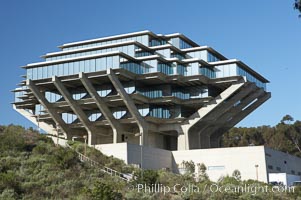 The UCSD Library (Geisel Library, UCSD Central Library) at the University of California, San Diego.  UCSD Library.  La Jolla, California.  On December 1, 1995 The University Library Building was renamed Geisel Library in honor of Audrey and Theodor Geisel (Dr. Seuss) for the generous contributions they have made to the library and their devotion to improving literacy.  In The Tower, Floors 4 through 8 house much of the Librarys collection and study space, while Floors 1 and 2 house service desks and staff work areas.  The library, designed in the late 1960s by William Pereira, is an eight story, concrete structure sited at the head of a canyon near the center of the campus. The lower two stories form a pedestal for the six story, stepped tower that has become a visual symbol for UCSD