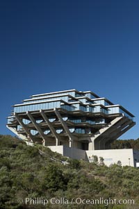 The UCSD Library (Geisel Library, UCSD Central Library) at the University of California, San Diego.  UCSD Library.  La Jolla, California.  On December 1, 1995 The University Library Building was renamed Geisel Library in honor of Audrey and Theodor Geisel (Dr. Seuss) for the generous contributions they have made to the library and their devotion to improving literacy.  In The Tower, Floors 4 through 8 house much of the Librarys collection and study space, while Floors 1 and 2 house service desks and staff work areas.  The library, designed in the late 1960s by William Pereira, is an eight story, concrete structure sited at the head of a canyon near the center of the campus. The lower two stories form a pedestal for the six story, stepped tower that has become a visual symbol for UCSD