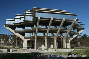 The UCSD Library (Geisel Library, UCSD Central Library) at the University of California, San Diego.  UCSD Library.  La Jolla, California.  On December 1, 1995 The University Library Building was renamed Geisel Library in honor of Audrey and Theodor Geisel (Dr. Seuss) for the generous contributions they have made to the library and their devotion to improving literacy.  In The Tower, Floors 4 through 8 house much of the Librarys collection and study space, while Floors 1 and 2 house service desks and staff work areas.  The library, designed in the late 1960s by William Pereira, is an eight story, concrete structure sited at the head of a canyon near the center of the campus. The lower two stories form a pedestal for the six story, stepped tower that has become a visual symbol for UCSD