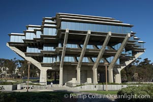 The UCSD Library (Geisel Library, UCSD Central Library) at the University of California, San Diego.  UCSD Library.  La Jolla, California.  On December 1, 1995 The University Library Building was renamed Geisel Library in honor of Audrey and Theodor Geisel (Dr. Seuss) for the generous contributions they have made to the library and their devotion to improving literacy.  In The Tower, Floors 4 through 8 house much of the Librarys collection and study space, while Floors 1 and 2 house service desks and staff work areas.  The library, designed in the late 1960s by William Pereira, is an eight story, concrete structure sited at the head of a canyon near the center of the campus. The lower two stories form a pedestal for the six story, stepped tower that has become a visual symbol for UCSD