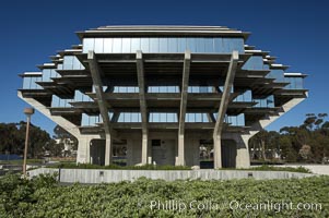 The UCSD Library (Geisel Library, UCSD Central Library) at the University of California, San Diego.  UCSD Library.  La Jolla, California.  On December 1, 1995 The University Library Building was renamed Geisel Library in honor of Audrey and Theodor Geisel (Dr. Seuss) for the generous contributions they have made to the library and their devotion to improving literacy.  In The Tower, Floors 4 through 8 house much of the Librarys collection and study space, while Floors 1 and 2 house service desks and staff work areas.  The library, designed in the late 1960s by William Pereira, is an eight story, concrete structure sited at the head of a canyon near the center of the campus. The lower two stories form a pedestal for the six story, stepped tower that has become a visual symbol for UCSD