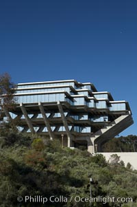 The UCSD Library (Geisel Library, UCSD Central Library) at the University of California, San Diego.  UCSD Library.  La Jolla, California.  On December 1, 1995 The University Library Building was renamed Geisel Library in honor of Audrey and Theodor Geisel (Dr. Seuss) for the generous contributions they have made to the library and their devotion to improving literacy.  In The Tower, Floors 4 through 8 house much of the Librarys collection and study space, while Floors 1 and 2 house service desks and staff work areas.  The library, designed in the late 1960s by William Pereira, is an eight story, concrete structure sited at the head of a canyon near the center of the campus. The lower two stories form a pedestal for the six story, stepped tower that has become a visual symbol for UCSD
