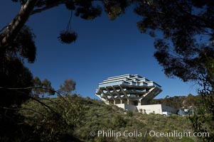 The UCSD Library (Geisel Library, UCSD Central Library) at the University of California, San Diego.  UCSD Library.  La Jolla, California.  On December 1, 1995 The University Library Building was renamed Geisel Library in honor of Audrey and Theodor Geisel (Dr. Seuss) for the generous contributions they have made to the library and their devotion to improving literacy.  In The Tower, Floors 4 through 8 house much of the Librarys collection and study space, while Floors 1 and 2 house service desks and staff work areas.  The library, designed in the late 1960s by William Pereira, is an eight story, concrete structure sited at the head of a canyon near the center of the campus. The lower two stories form a pedestal for the six story, stepped tower that has become a visual symbol for UCSD