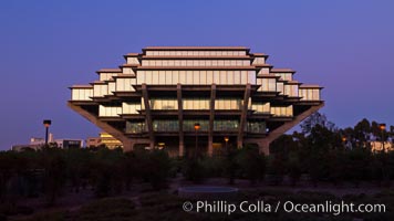 UCSD Library glows at sunset (Geisel Library, UCSD Central Library), University of California, San Diego