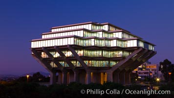 UCSD Library glows at sunset (Geisel Library, UCSD Central Library), University of California, San Diego