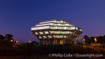 UCSD Library glows at sunset (Geisel Library, UCSD Central Library), University of California, San Diego