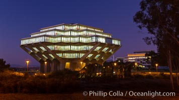 UCSD Library glows at sunset (Geisel Library, UCSD Central Library), University of California, San Diego