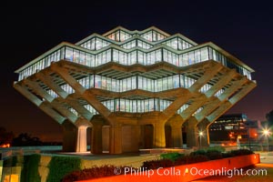 UCSD Library glows with light in this night time exposure (Geisel Library, UCSD Central Library). University of California, San Diego, La Jolla, USA, natural history stock photograph, photo id 20142