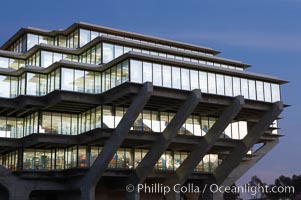 UCSD Library glows with light in this night time exposure (Geisel Library, UCSD Central Library), University of California, San Diego, La Jolla