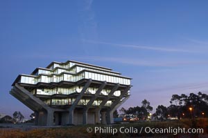 UCSD Library glows with light in this night time exposure (Geisel Library, UCSD Central Library), University of California, San Diego, La Jolla