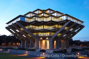 UCSD Library glows at sunset (Geisel Library, UCSD Central Library), University of California, San Diego, La Jolla