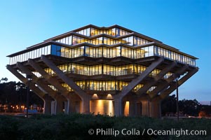 UCSD Library glows at sunset (Geisel Library, UCSD Central Library), University of California, San Diego, La Jolla