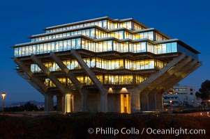 UCSD Library glows at sunset (Geisel Library, UCSD Central Library), University of California, San Diego, La Jolla