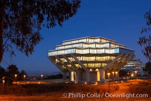 UCSD Library glows at sunset (Geisel Library, UCSD Central Library).