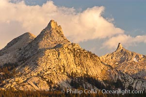 Unicorn Peak at sunset, seen from Tuolumne Meadows.  Cockscomb Peak rises in the distance.