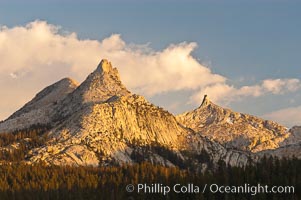 Unicorn Peak at sunset, seen from Tuolumne Meadows.  Cockscomb Peak rises in the distance, Yosemite National Park, California