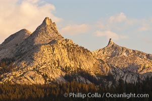 Unicorn Peak at sunset, seen from Tuolumne Meadows.  Cockscomb Peak rises in the distance, Yosemite National Park, California