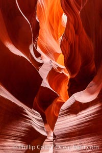 Image 18020, Antelope Canyon, a deep narrow slot canyon formed by water and wind erosion. Navajo Tribal Lands, Page, Arizona, USA, Phillip Colla, all rights reserved worldwide. Keywords: adventure, antelope canyon, arizona, canyon, environment, erosion, geologic features, geology, gulch, landscape, narrow, nature, navajo tribal lands, outdoors, outside, page, ravine, sandstone, scene, scenery, scenic, slot, slot canyon, upper antelope canyon, usa.