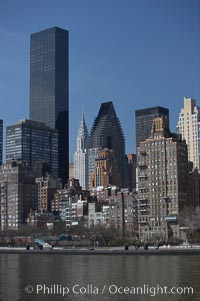 New York Citys Upper East Side, viewed from the East River. The Trump World Tower rises in the background and, in the distance, the Chrysler Building, Manhattan